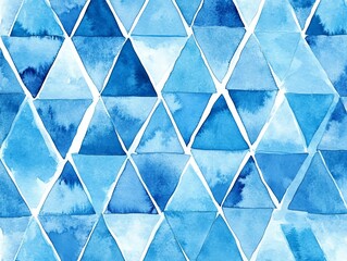 Sky blue watercolor triangles seamless repeat regular pattern Tiny textured triangle, pyramid geometric shapes with watercolour stains Geometrical vector hand drawn background