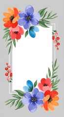 Obraz premium Vibrant Watercolor Floral Frame with Colorful Flowers, Leaves, and Berries - Hand-painted Botanical Border for Invitations, Cards, and Design Projects