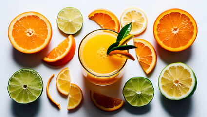 Fresh orange juice in a glass surrounded by citrus slices, isolated on white background, perfect for health, wellness, and natural beverage product photography