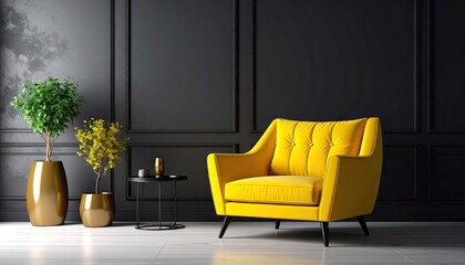 Modern, stylish yellow armchair in a dark room