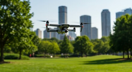 Futuristic drone flying over green urban park with detailed city skyline in background wide angle shot in bright daylight showcasing modern innovation and technology concept generative ai

