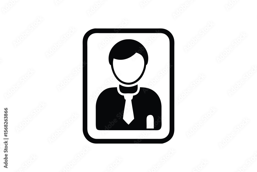 Poster a simple black and white graphic icon representing a person in a suit and tie enclosed within a roun