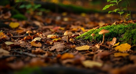 Ultra detailed photo of colorful autumn forest floor with fallen leaves mushrooms and moss sharp textures and soft warm sunlight rich natural seasonal atmosphere generative ai

