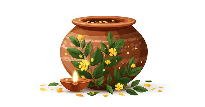 Indian traditional pot with green leaves and flowers, diya lights on a white background