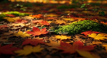 Closeup of autumn forest ground with vibrant leaves mushrooms moss and natural light warm earthy textures and seasonal detail generative ai

