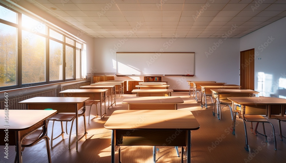 Poster sunlight streaming into an empty classroom highlighting wooden desks and a blank whiteboard in the b