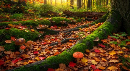 Closeup of autumn forest ground with vibrant leaves mushrooms moss and natural light warm earthy textures and seasonal detail generative ai

