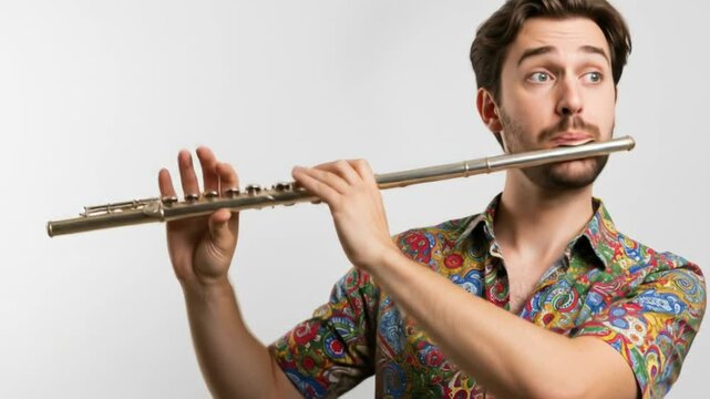 Flutist plays music in patterned shirt