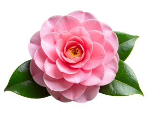 Single Camellia Flower in Soft Pink with Glossy Leaves, Side View Botanical Style, isolated on a transparent background.