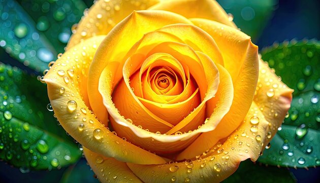 Close-up of a vibrant yellow rose with dew drops (1) - Powered by Adobe