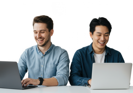 Two men smiling while working on laptops isolated on transparent background