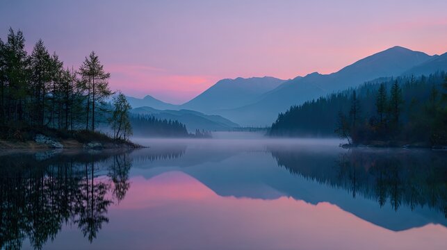 Tranquil Lake and Mountain Reflections at Dawn - Powered by Adobe