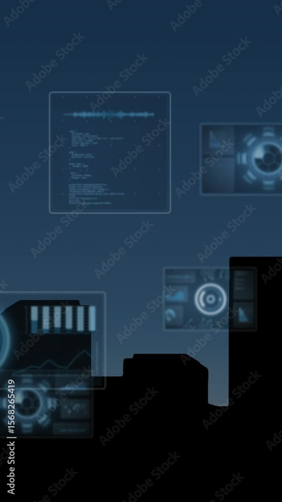 Poster multiple screens with data processing over silhouette of cityscape against blue background