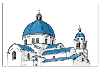 Greek island church with blue dome illustration for travel blogs and tourism design