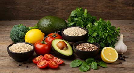 Healthy food flat lay with avocado tomatoes herbs lemon and grains in bowls on rustic wooden surface overhead lighting clean sharp textures generative ai

