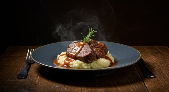 Ai generated image of braised beef short ribs served over mashed potatoes
