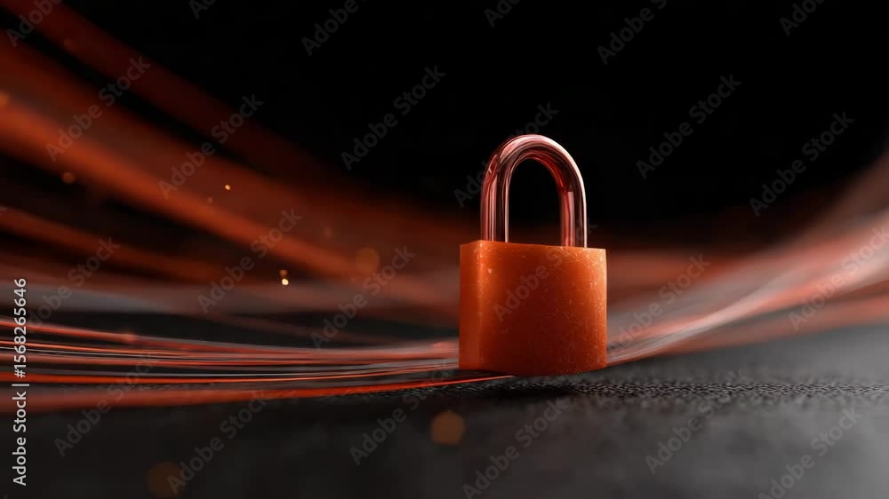 Poster red padlock on a dark surface with flowing red and orange light trails representing security and pro