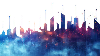 Futuristic digital city skyline with glowing tech towers. Abstract metropolis silhouette blending watercolor and cyberpunk light effects for innovation themes. Isolated on transparent background, png