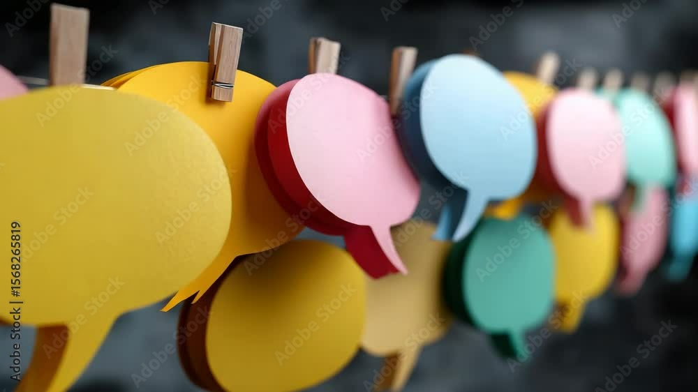 Poster colorful speech bubbles hanging on line with clothespins creating a fun and engaging atmosphere for 
