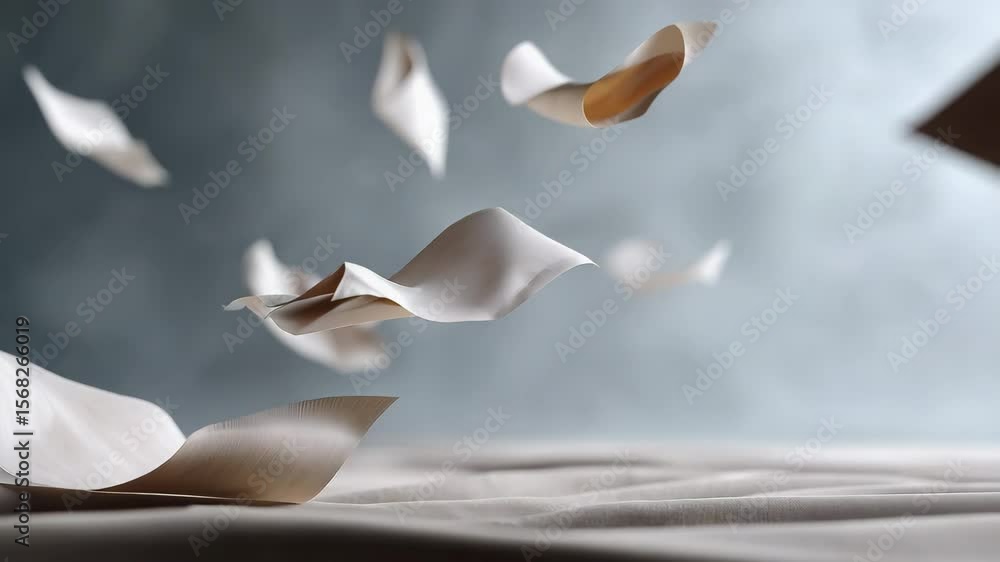 Poster soft and elegant waves of paper floating in air with a subtle background and dreamy atmosphere for c