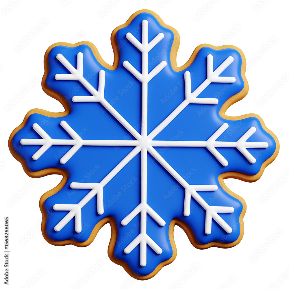 Poster navy blue snowflake cookie with smooth surface white icing floating on transparent background