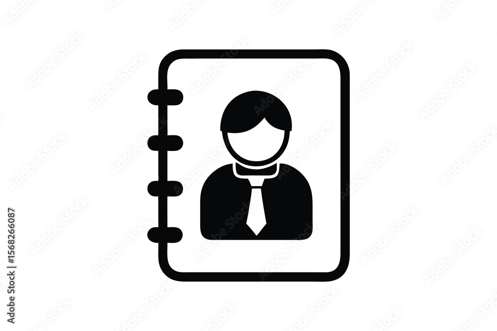 Poster a simple black and white graphic icon representing a person s profile within a notebook or address b