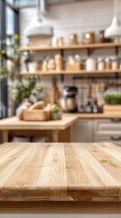 Blurred kitchen interior, light wood table top