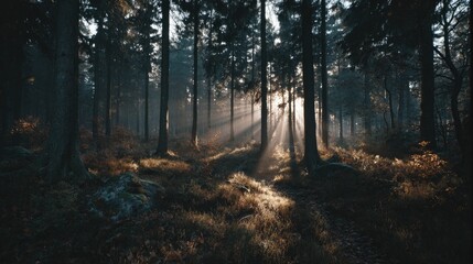 Obraz premium Sunlight streams through a misty forest