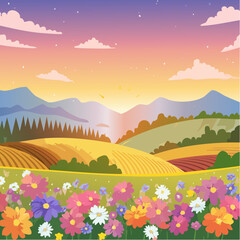 Obraz premium Field wildflowers, Vibrant colors of sunset, blooming in spring