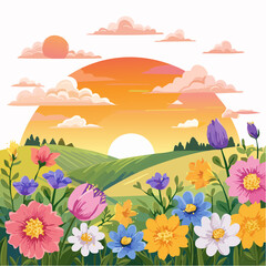 Obraz premium Field wildflowers, Vibrant colors of sunset, blooming in spring