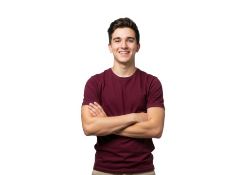 Young man smiling with arms crossed isolated on transparent background