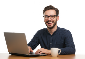 Happy man working on laptop with coffee isolated on transparent background
