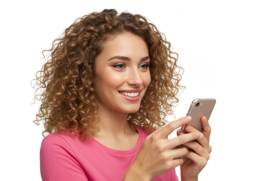 Smiling woman with curly hair using smartphone isolated on transparent background