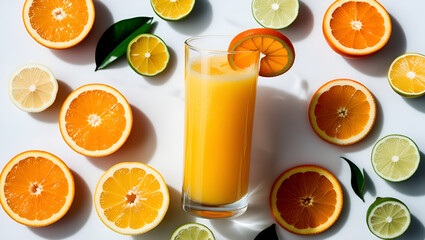 Still life of vibrant orange juice with fresh orange slices on a clean white backdrop, ideal for promoting healthy drinks and wellness content