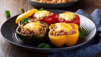savory stuffed bell peppers with rice and ground meat topped with melted cheese