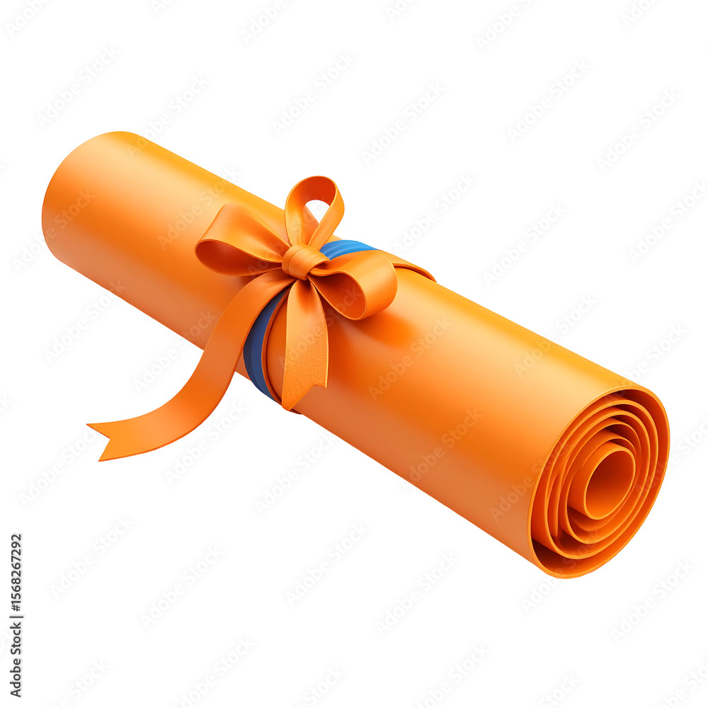 Poster orange 3d rolled magic spell scroll icon with ribbon floating on transparent background