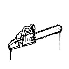 Isolated black and white illustration of a dripping chainsaw tool