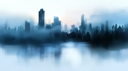 Fototapeta premium City skyline is reflected in a body of water. The sky is overcast and the city appears to be in the distance