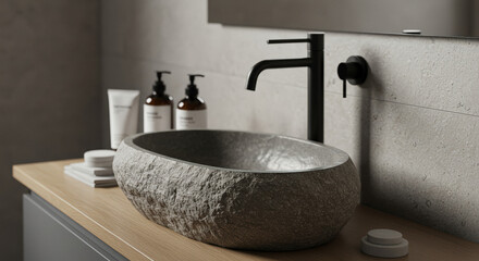 Elegant minimalistic bathroom design featuring a stone sink and modern faucet