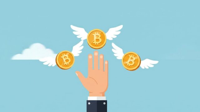 Hand reaching for flying bitcoin digital currencies a graphic illustration of technology and finance investment growth digital money flat style art