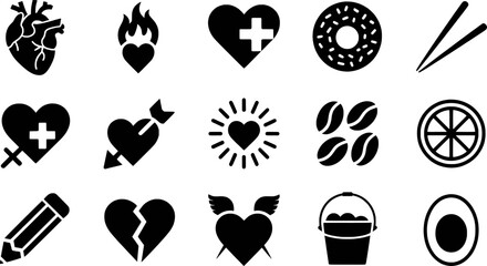 Black and white graphic symbols representing hearts food and medical elements flame cross © pixelVista