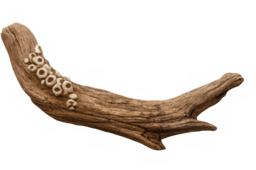 Curved piece of driftwood showing signs of weathering and hosting small barnacles, isolated on transparent background