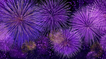 Vivid purple and gold fireworks explode against a dark night sky