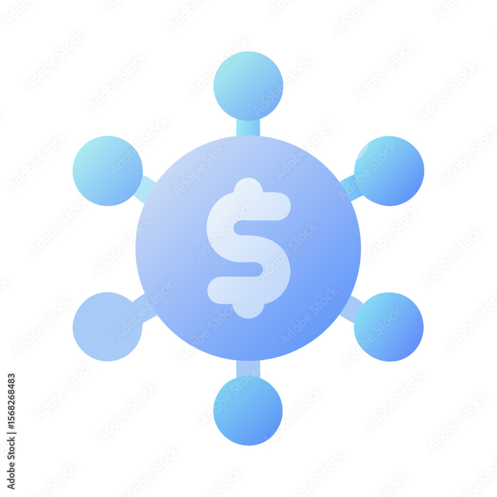 Poster vector art of a blue gradient icon depicting a dollar sign at the center of a connected network, iso
