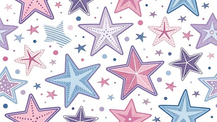 Pastel Starfish Pattern: Cute Nautical Summer Design with Pink, Blue, and Purple Stars on a White Background, Seamless Ocean Theme.