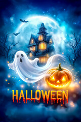 Glowing Halloween poster with lettering, haunted house, pumpkin and full moon – mystical night in vivid colors