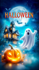 Glowing Halloween poster with lettering, haunted house, pumpkin and full moon – mystical night in vivid colors
