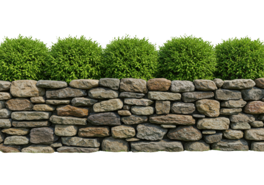 Stone wall with green bushes isolated on transparent background