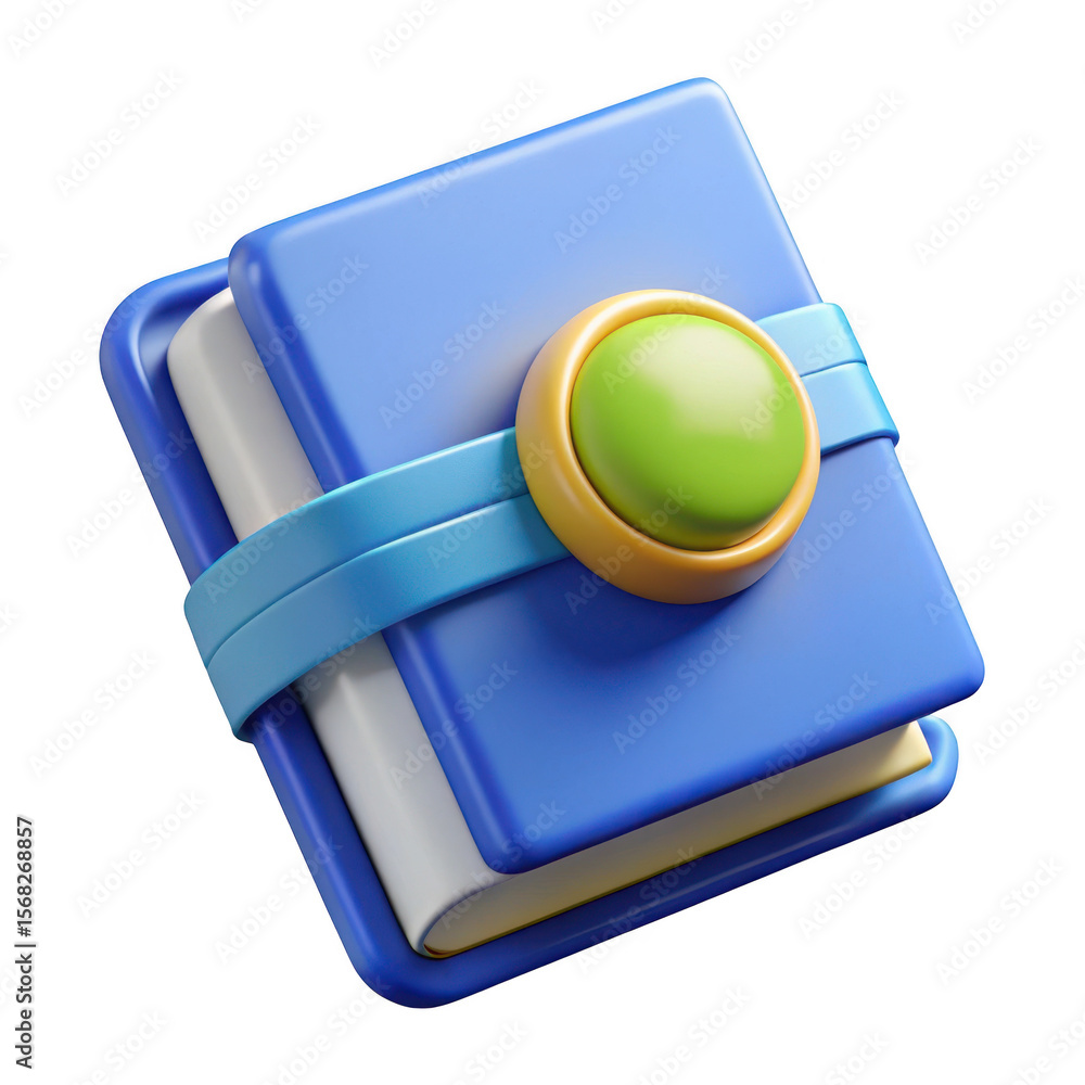 Poster 3d stylized blue notebook with green button isolated on transparent background