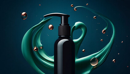 Elegant Black Bottle with Green Swirl and Golden Bubbles for Cosmetic Products